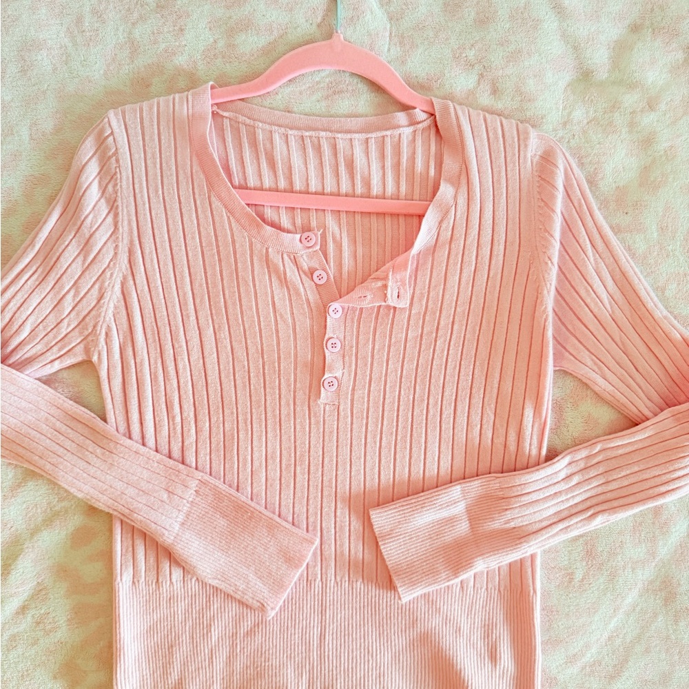 Pink Ribbed Long Sleeve Henley Top